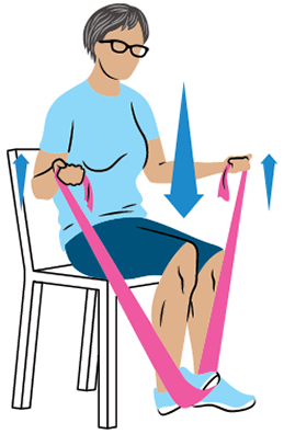 Illustration of a person sitting in a chair, holding a resistance band with both hands and stepping down with one foot in the middle of the band